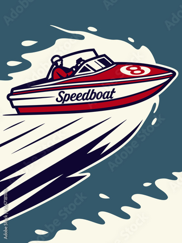 Speedboat in Action: A vintage illustration showcasing a sleek speedboat cutting through the water, a visual narrative of speed and maritime adventure.