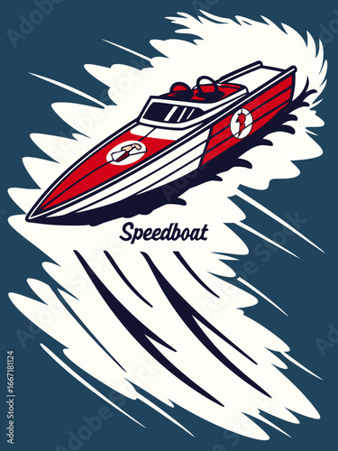 Speedboat: A sleek speedboat gracefully carves through the water, leaving a dynamic trail of waves in its wake, evoking the thrill of speed and aquatic adventure.