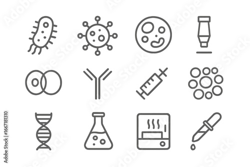 Icon antibody sterilizer dna lens microbiology vaccine strand vector colony petri grid