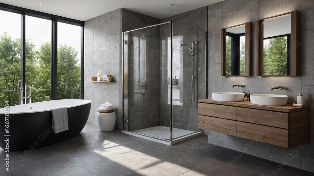 Fototapeta premium Modern bathroom featuring a sleek black tub, elegant wooden cabinetry, and two stylish mirrors that reflect natural light.
