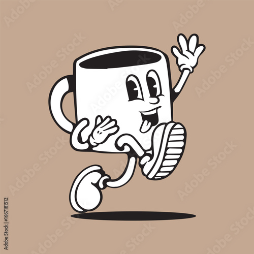 mascot coffee cup illustration, cup mascot retro