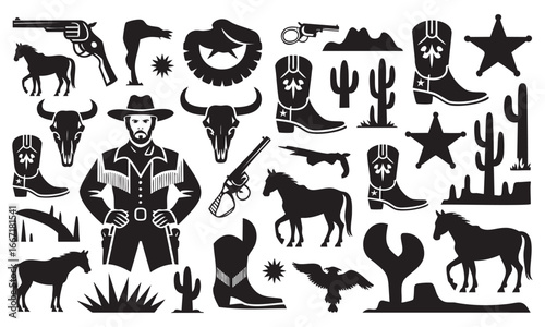 Western themed silhouette vector illustration depicting cowboy wild west elements like horses boots guns and desert landscape for graphic design and creative projects