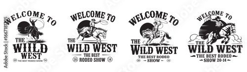 Wild West Rodeo Show Vintage Logo Designs Cowboy Horseback Riding Illustrations and Western Event Promotion Graphics for Posters