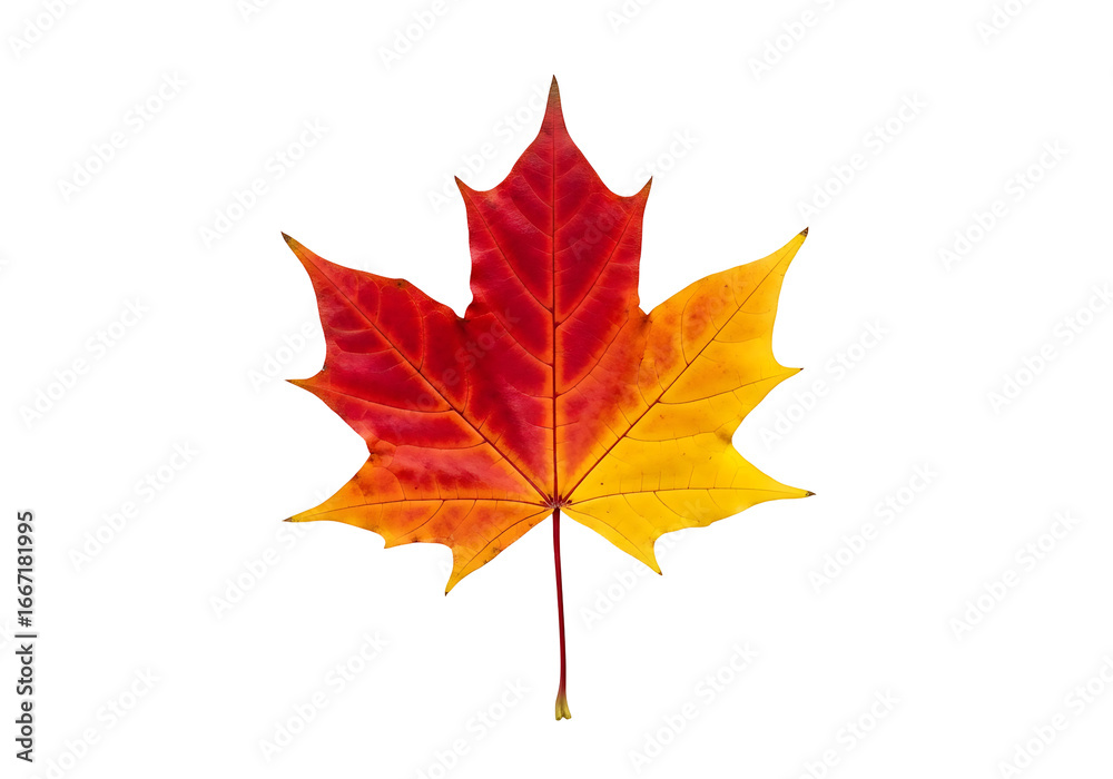 Obraz premium A vibrant autumn maple leaf, displaying a gradient of fiery red and sunny yellow hues, stands out against a pure black background.