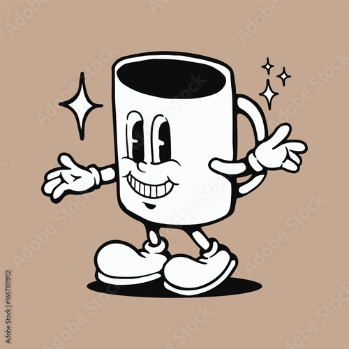 mascot coffee cup illustration, cup mascot retro