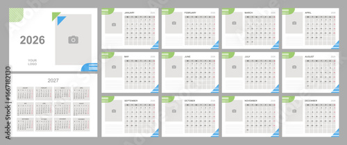 Template of simple desk calendar 2026 with places for photo. Week starts on  Monday