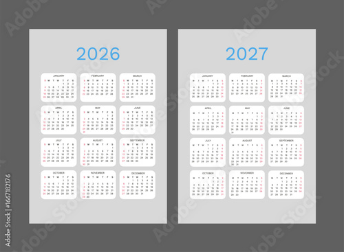 Vertical simple calendar for 2026 and 2027. Week starts on Monday