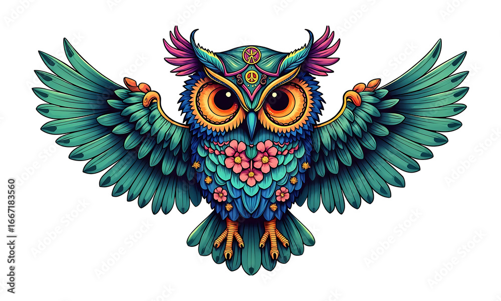 Obraz premium olorful psychedelic owl illustration with spread wings. Ornate and symmetrical bird design with floral patterns, ideal for a tattoo, t-shirt print isolated on transparent white background 