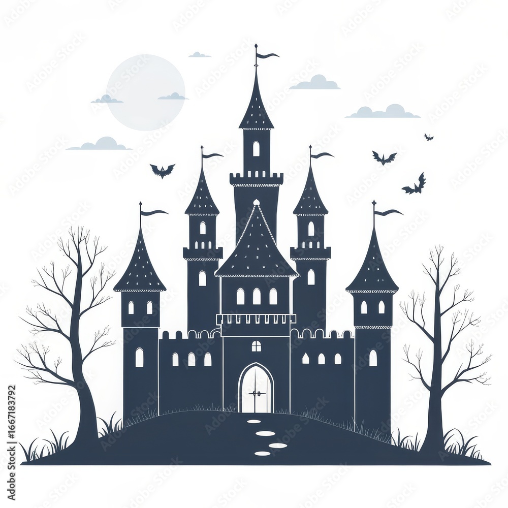 Obraz premium A dark blue castle silhouette with bats flying around it under a full moon and bare trees nearby