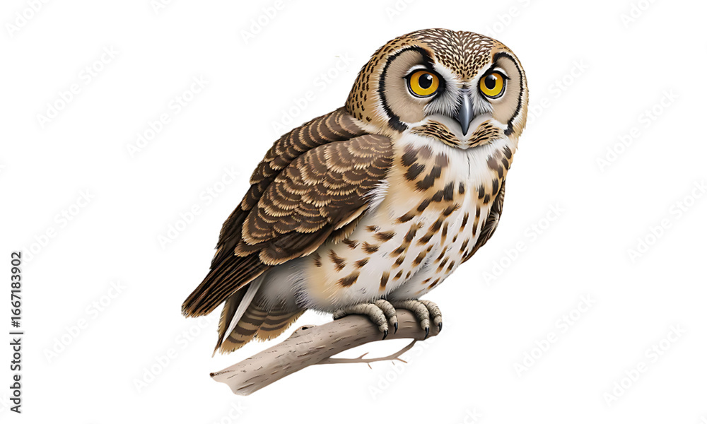 Obraz premium Detailed illustration of a Short-Eared Owl perched on a branch. Realistic bird of prey drawing with yellow eyes, isolated on a white background for educational or nature concepts.