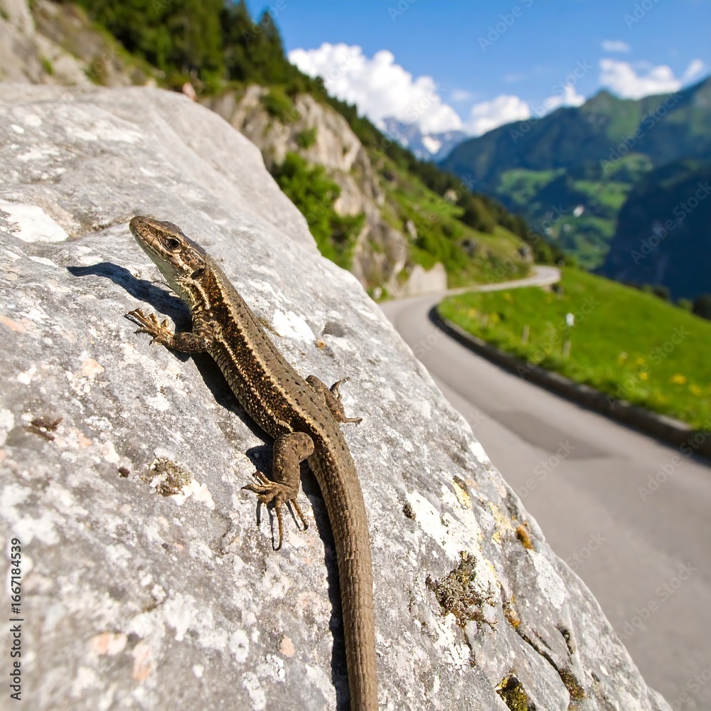 Obraz premium Lizard on mountain rock overlooking road