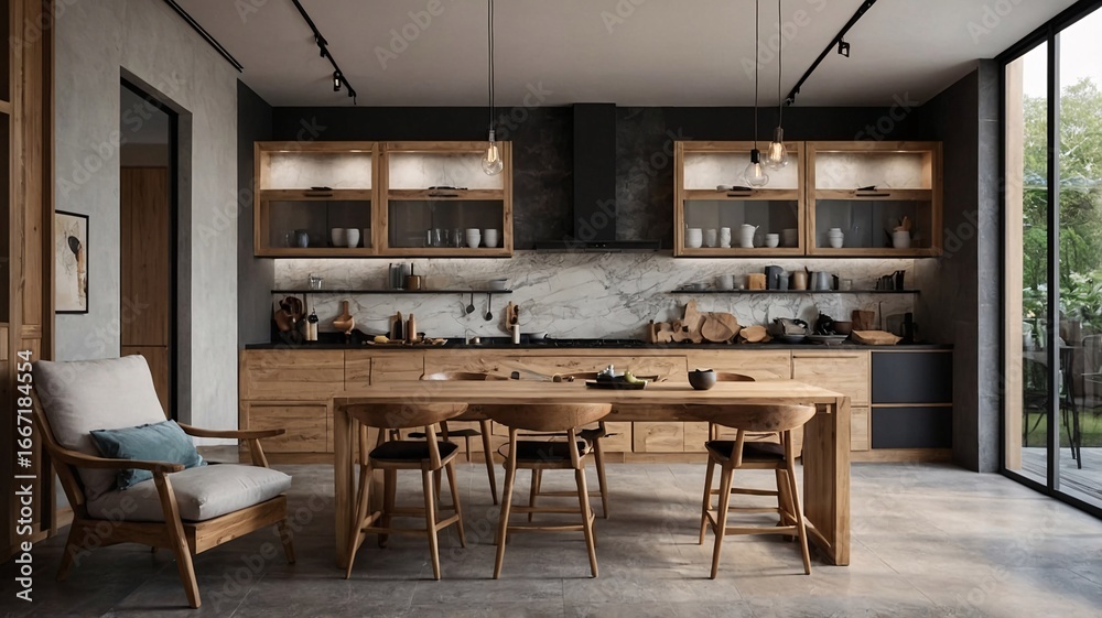 Fototapeta premium Stylish modern kitchen featuring a wooden dining table and sleek cabinetry.