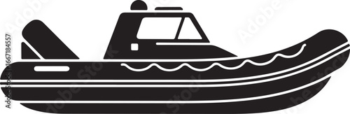 Black and white silhouette of a rigid inflatable boat with a cabin