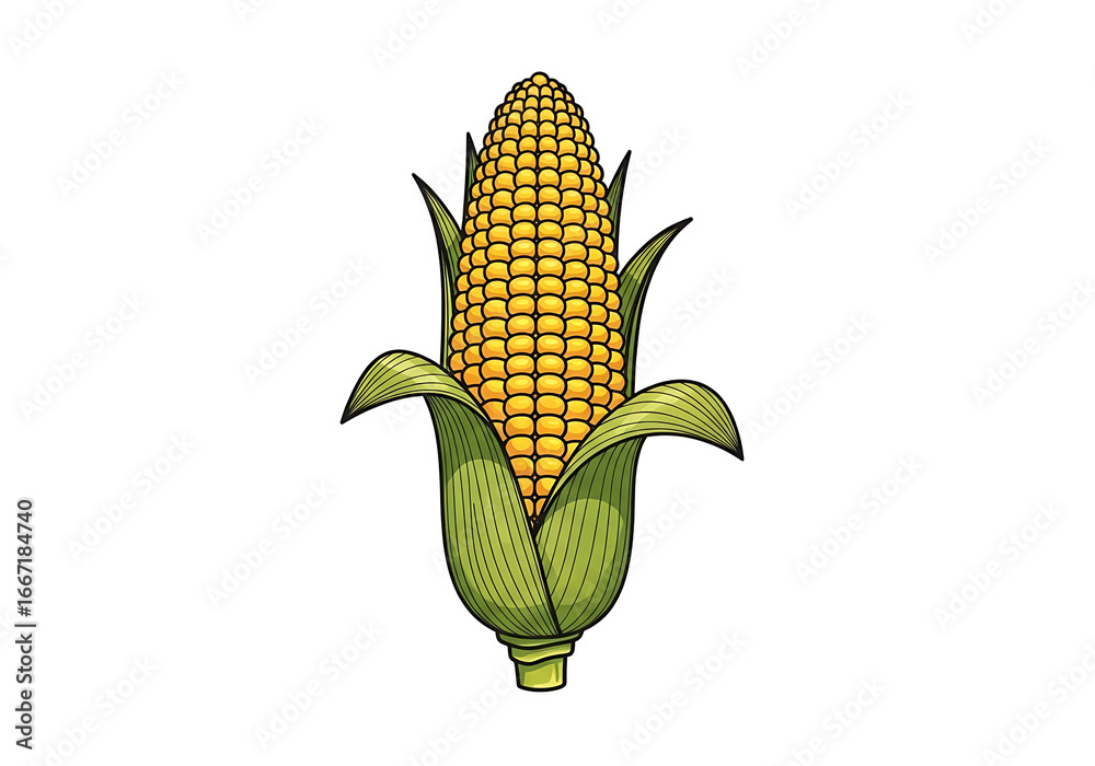Obraz premium A vibrant illustration of a corn cob, displaying detailed kernels and leaves against a stark black backdrop.