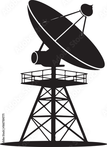Silhouette of a large satellite dish on a tall metal tower against a white background
