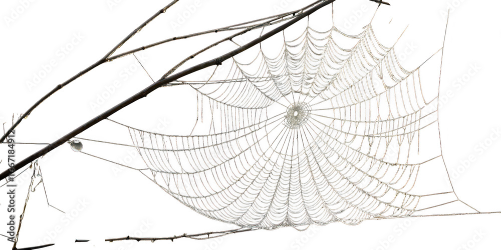 Obraz premium Intricate spiderweb with dewdrops hanging between branches isolated on transparent background