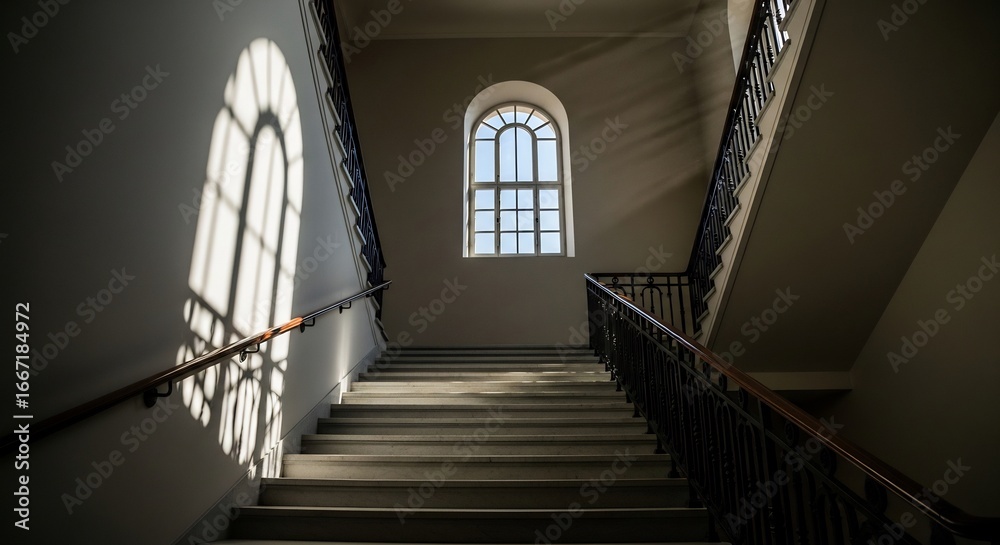 Obraz premium Interior Staircase with Arched Window and Sunlight Shadows.