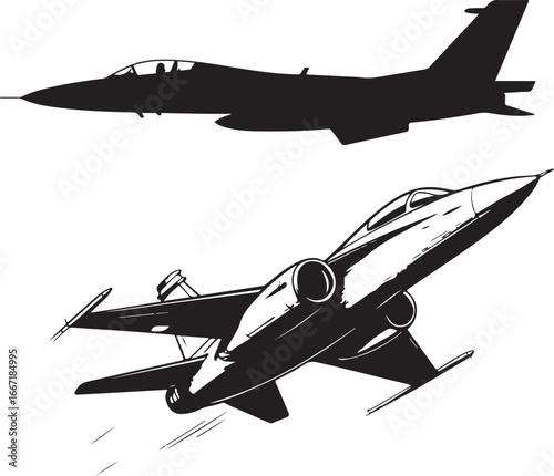 Two Fighter Jets in Flight: Silhouette and Detailed Illustration