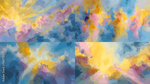 Abstract painting of colorful sky with clouds and sunlight. Bright impressionist artwork in shades of blue, yellow, and pink.