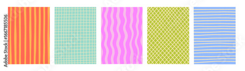 Funky doodle pattern collection. Cute retro y2k backgrounds with simple minimal lines. Abstract designs with wavy lines, grids, decorative aesthetic card or notebook templates.
