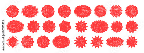 Red starburst promo sticker and badges. Crayon drawn wiggle and scallop edges circle and ovals. Discount promo stamps, price tags. Simple empty round stickers for discount advertising campaign