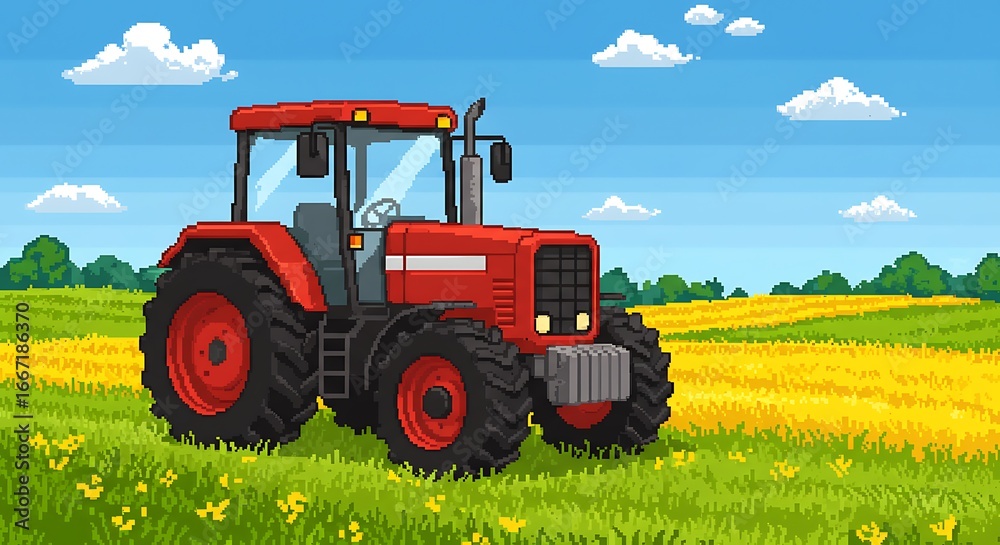 Fototapeta premium Pixel art of a tractor in a brightly lit countryside setting
