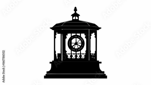 Silhouette of an ornate gazebo with a decorative wheel inside and an octagonal roof structure design