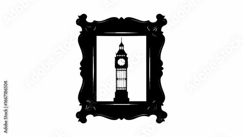 Silhouette of big ben clock tower inside an ornate black picture frame on a white background image view