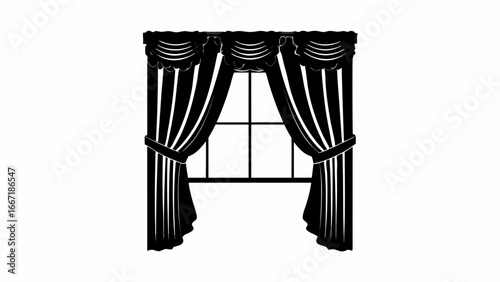 Illustration of a window with black curtains and a decorative valance in a symmetrical arrangement silhouette