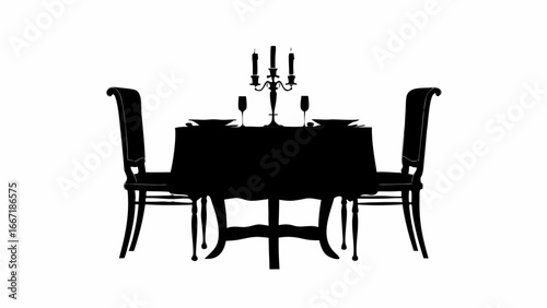 Silhouette of a dining table set for two with chairs candelabra and tableware in elegant black design