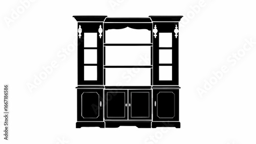 Illustration of a large black cabinet with glass doors and shelves on a white background showing detail silhouette