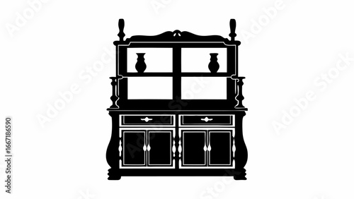Silhouette of a classic hutch featuring two vases on top shelves and cabinet doors below drawers design