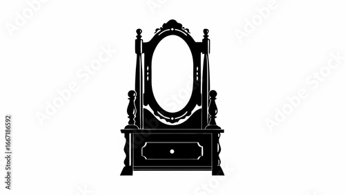 Illustration of an antique vanity table with an oval mirror in black and white silhouette style