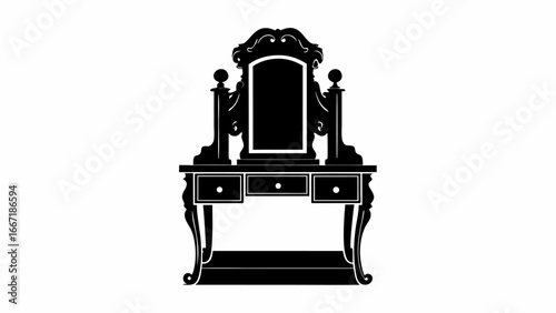 Silhouette of a vintage vanity table with mirror and drawers in a classic design aesthetic style decor