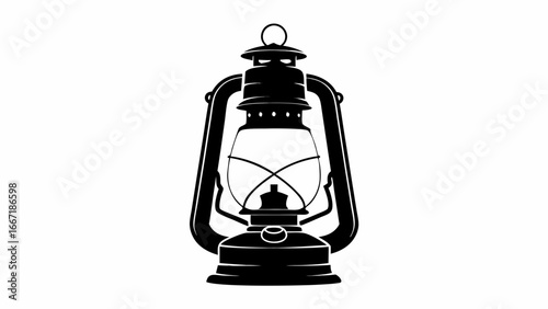 Illustration of a vintage kerosene lantern with a handle and a glass enclosure in black and white style silhouette