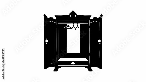 Silhouette of an ornate open wardrobe with hangers and a drawer on a white background design element