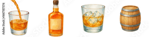 Whiskey glass and bottle with ice cubes and wooden barrel in watercolor style clipart for St. Andrew Day celebration and festive design
