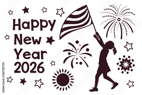 Happy New Year 2026: A festive illustration heralding the dawn of 2026 with an enthusiastic figure waving the American flag amidst a sky of fireworks and stars.