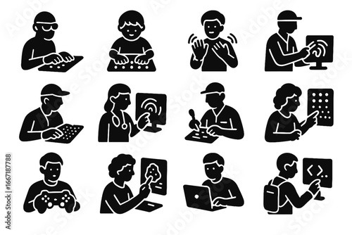 Vector gamer programming user icon haptics using elderly grid surface wearable tactile