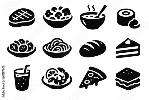 Icons ai dish salad bowl icon roll culinary vector smoothie grilled plate