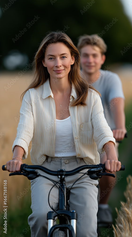 Fototapeta premium Woman Smiling While Riding a Bike on a Country Path, Surrounded by Lush Greenery and Evening Light