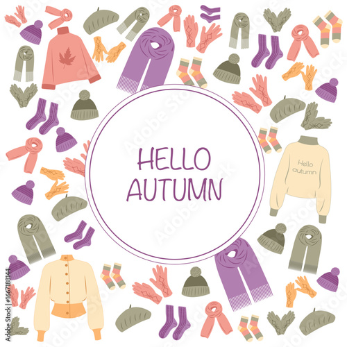 Fall clothing card with scarves, gloves, sweaters, socks, hats in flat design. Autumn vector illustration for creative marketing materials