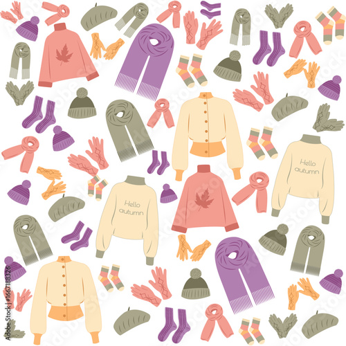 Card of autumn apparel including sweaters, scarves, socks and gloves in flat style. Hand drawn vector illustration for posters, banners and social media posts