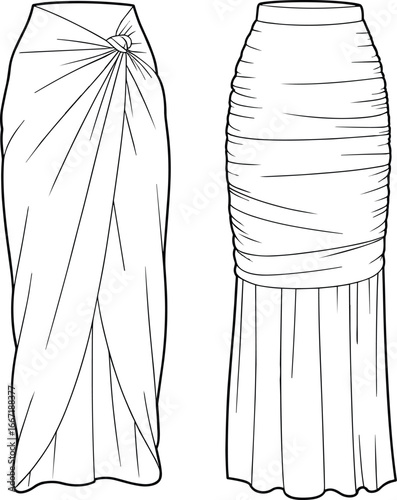Draped skirt flat cad drawing, ruched high waist skirt vector, pleated fashion garment illustration, technical clothing design, apparel template, elegant skirt style sketch