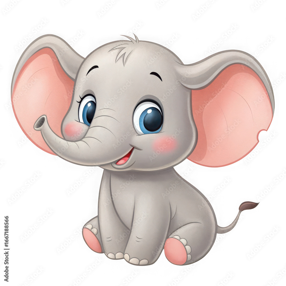 Fototapeta premium Cute Cartoon Baby Elephant with Big Ears and Pink Soles