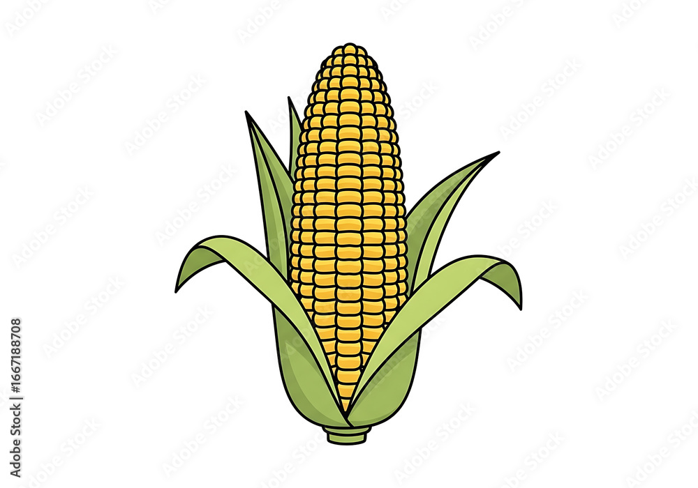 Obraz premium A stylized illustration of a corn cob, showcasing its kernels and leaves against a dark backdrop.