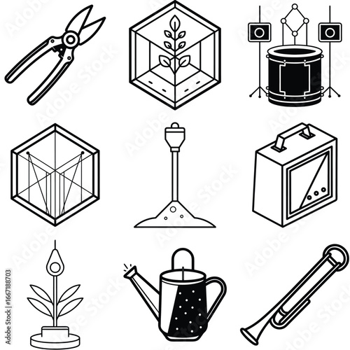 Collection of Stylized Black and White Icons Representing Various Interests