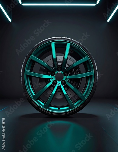 Teal car wheel in dark studio