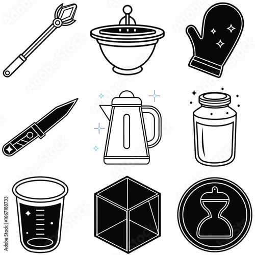 Black and white line art of various kitchen and magic related objects