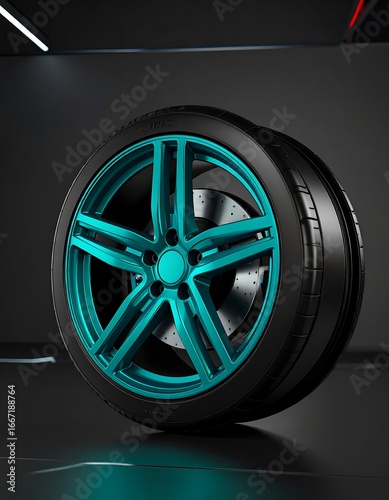 Teal car wheel on dark background